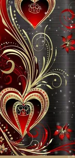 Elegant heart and floral wallpaper design in red and gold