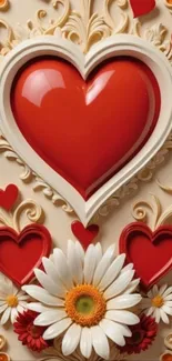 3D heart and floral design wallpaper with daisies, perfect for mobile screens.
