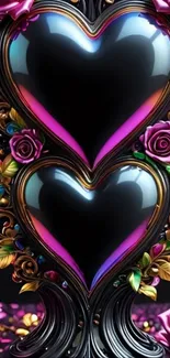 Black hearts with floral decoration wallpaper