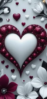 Elegant heart and floral 3D wallpaper design.