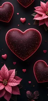 Stylish wallpaper with hearts and flowers on dark background.