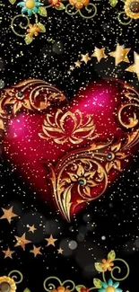 Elegant heart with floral designs and golden stars on black background.