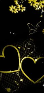 Elegant wallpaper with yellow hearts and floral design on black background.