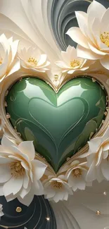 Green heart surrounded by white flowers.