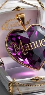 Heart-shaped purple gem pendant in a jewelry box.