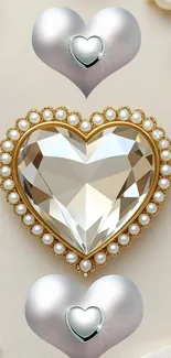 Heart-shaped gold gemstone with pearls on elegant wallpaper.
