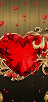 Ornate gold-trimmed red heart gem wallpaper.