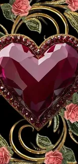 Heart-shaped gemstone and flowers design wallpaper.