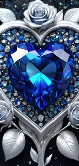 Blue gemstone heart with silver roses design.