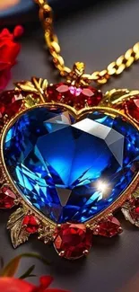 Blue heart-shaped gemstone with red jewels and gold chain.