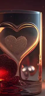 Elegant glass with heart and candle glow.