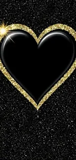 Elegant black heart with gold glitter on a sparkling background.