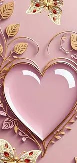 Pink heart wallpaper with gold leaves and butterflies.