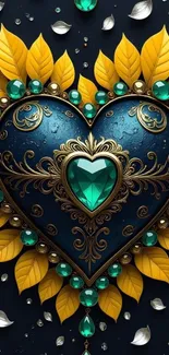 Heart-shaped jewel design with gold leaves on dark background