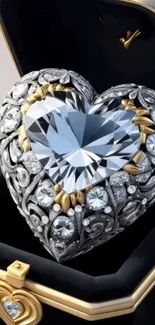 Heart-shaped diamond with ornate design in a jewelry box.