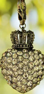 Heart-shaped jeweled pendant with crown on a natural background.