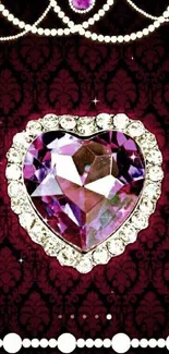 Purple heart jewel on damask wallpaper with pearls.