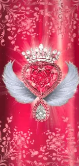 Red wallpaper with heart jewel and wings accent.