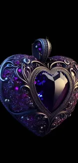 Heart-shaped jewel with gothic design and purple accents on a dark background.