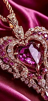 Heart-shaped jewel with intricate design on silky background.