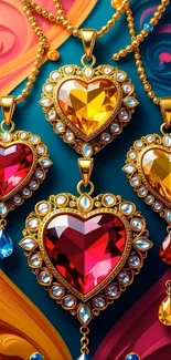 Heart-shaped jeweled pendants in vibrant colors on a decorative background.