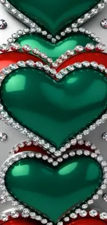 Luxurious red and green heart jewel design wallpaper.