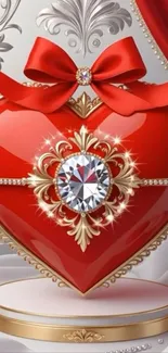 Elegant red heart-shaped jewel with gold and diamond ornament on a mobile wallpaper.