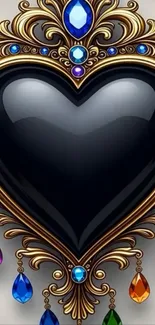 Heart-shaped jewel wallpaper with colorful gems and gold.