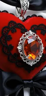 Heart-shaped jewel with black lace and red background.