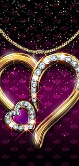 Golden heart jewelry with diamonds on a purple patterned background.