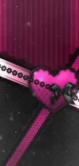 Mobile wallpaper with pink heart and black lace.