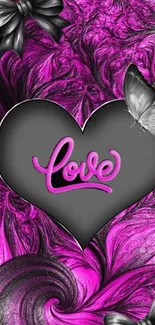 Heart-shaped love design with purple swirls and butterflies.