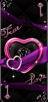 Elegant heart with 'True Love' text on a black and purple background.