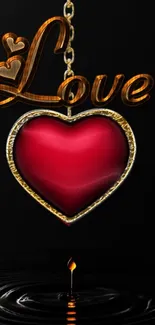Luxurious red heart pendant with 'Love' text on dark background.