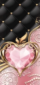 Luxurious pink heart with golden accents on a quilted background wallpaper.