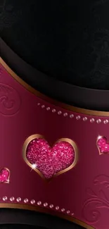 Elegant pink and black heart-themed mobile wallpaper with golden accents.