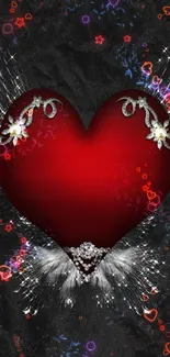 Elegant red heart with floral design on black background wallpaper.