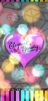 Purple heart with elegance text, diamond outlines, colorful stripes.