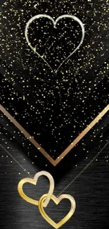 Elegant wallpaper with golden hearts on black background.