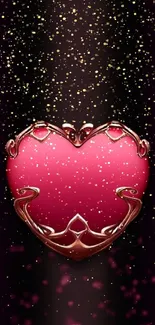 Elegant wallpaper with a pink heart and gold design on black background.