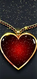 Glowing red heart necklace wallpaper on black background.