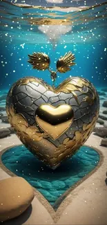 Golden heart submerged in turquoise ocean with stones.