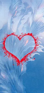 Red heart on frosty blue background for mobile wallpaper.