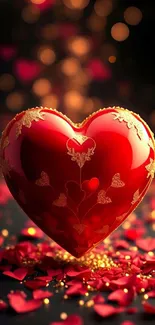Red heart on scattered petals creating a romantic scene.