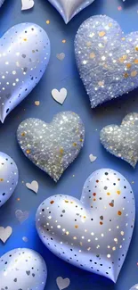 Elegant silver and blue heart pattern wallpaper for mobile.