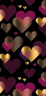 Heart patterns with gold and pink tones on a black background wallpaper.