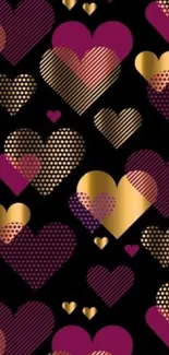 Elegant gold and pink heart pattern wallpaper on black background.