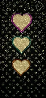 Elegant heart pattern wallpaper with gold accents on dark background.