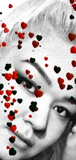 Monochrome portrait with red hearts overlay.