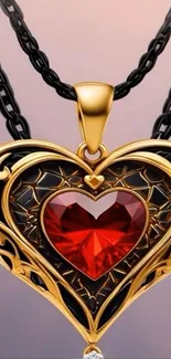 Gold heart pendant with red gemstone and intricate details.